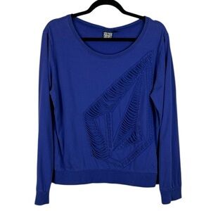 Volcom Stone Logo Distressed Cut Out Cotton Long Sleeve Tee Medium Cobalt Blue